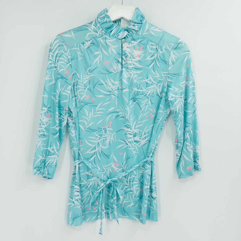 Vintage 70s Blouse Womens Large Blue Aqua Ruffle Mod Granny Colorful Boho Disco